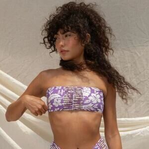 Stone Fox Swim Inez Bandeau Bikini Top in Purple and White Floral (Kauai) XL NWT